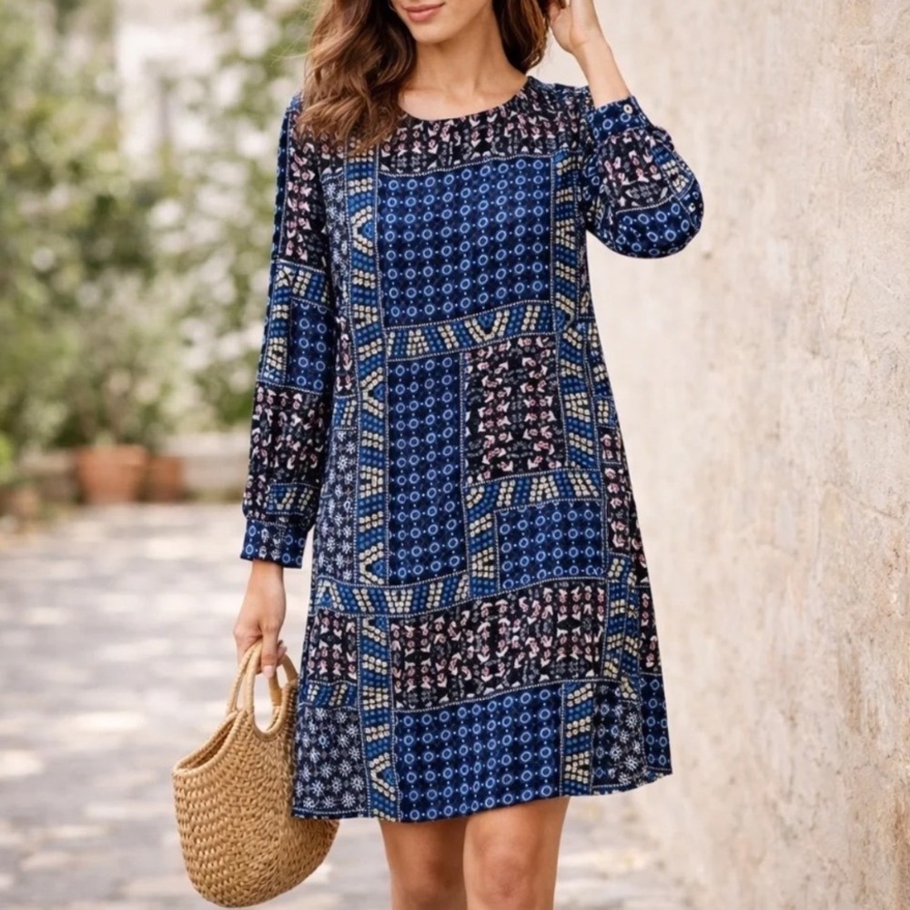 NWT Loft Shift Dress Women Blue Patchwork Geometric Floral Long Sleeve size 6